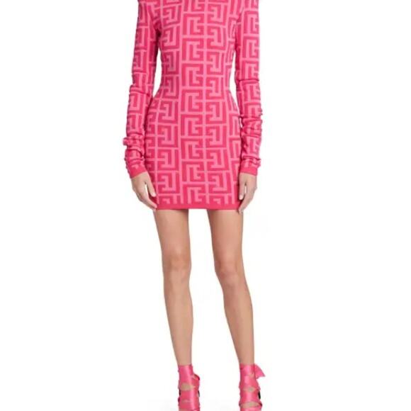 Bodycon Mini Dress Women Large Hot Pink Jacquard Knit Fitted Going Out‎ Party - Picture 1 of 14